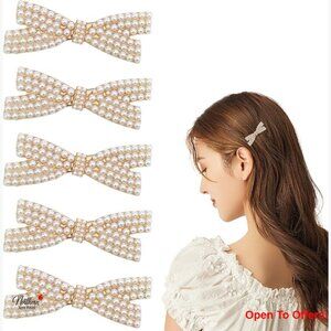 Gold Metal Pearl Bow Hair Claw Clips Set of 5